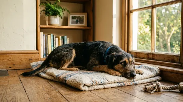 Newly adopted rescue dog settling into a quiet corner of a home