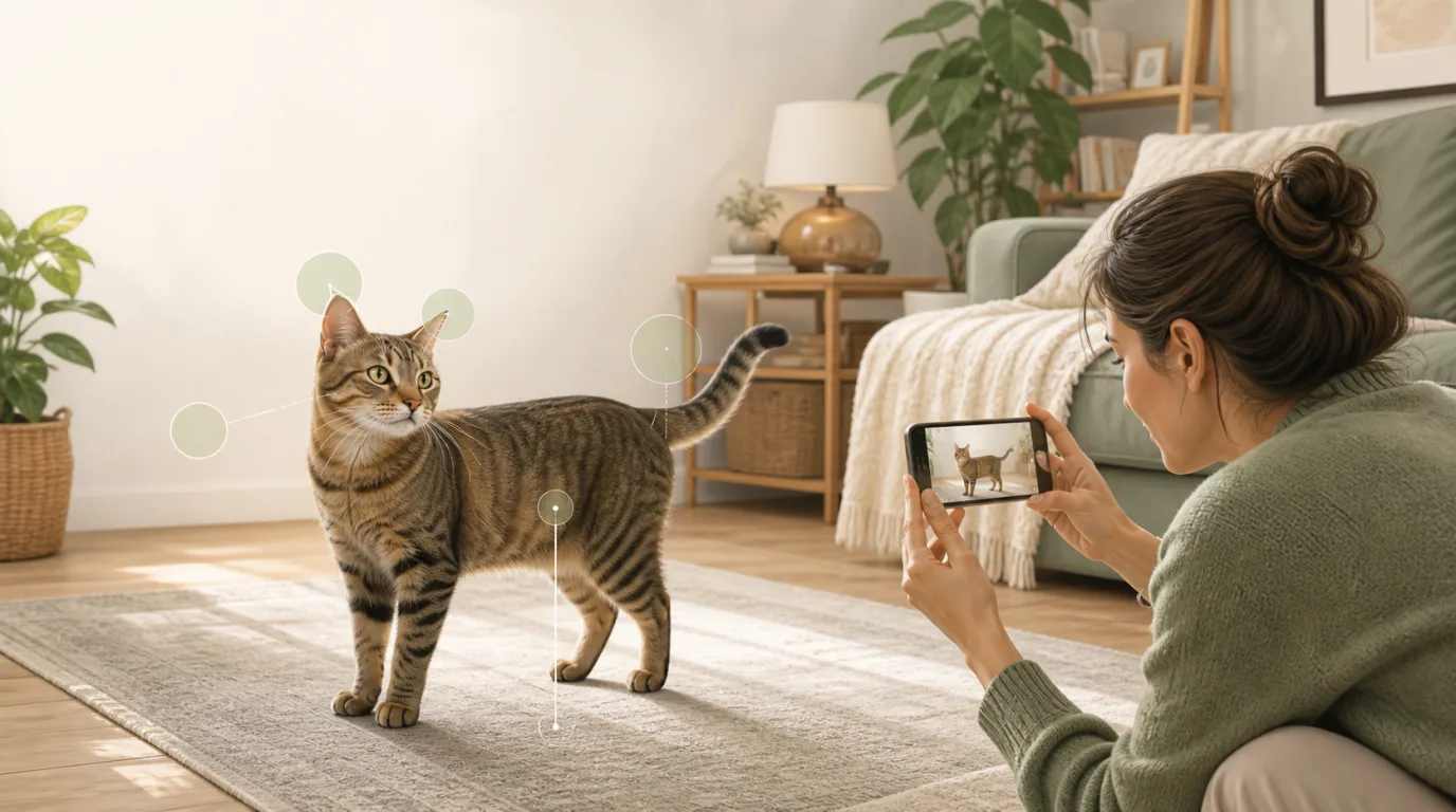 Cat owner photographing a relaxed tabby cat's full body for visible body-language analysis
