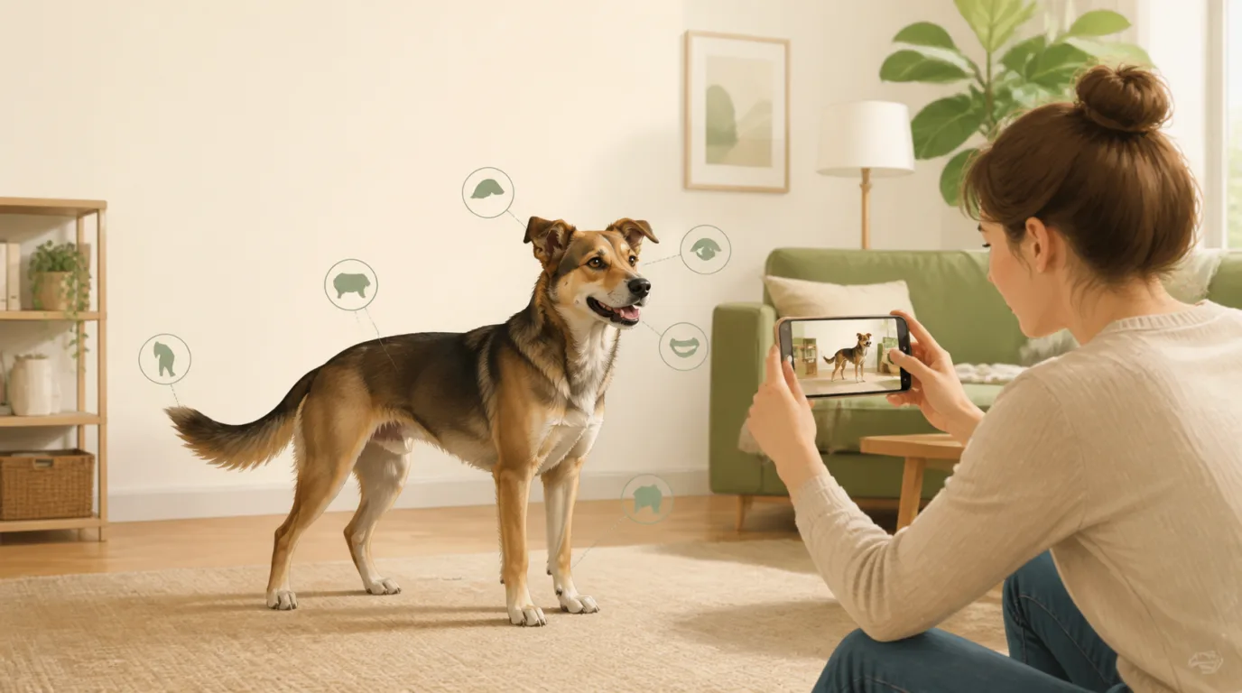 Dog owner photographing a relaxed dog's full body for visible body-language analysis