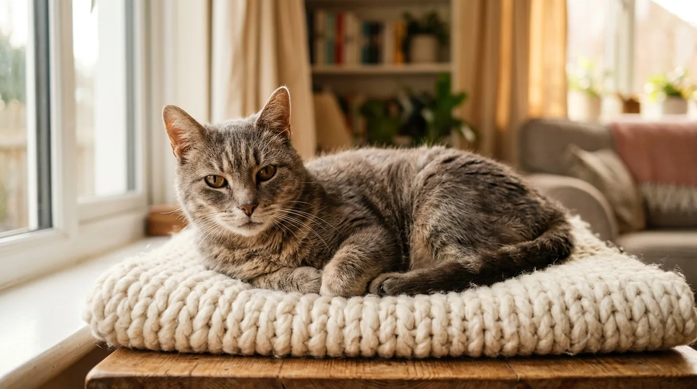 Senior cat with thinning coat resting on a soft cushion