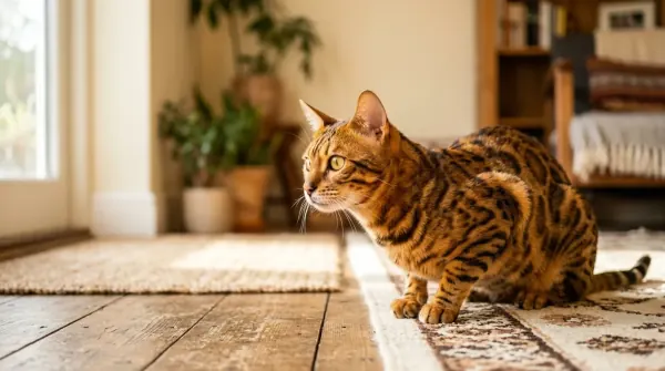 Bengal cat with characteristic rosette spots in an alert hunting posture