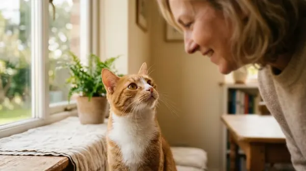 Cat looking attentively at a human face