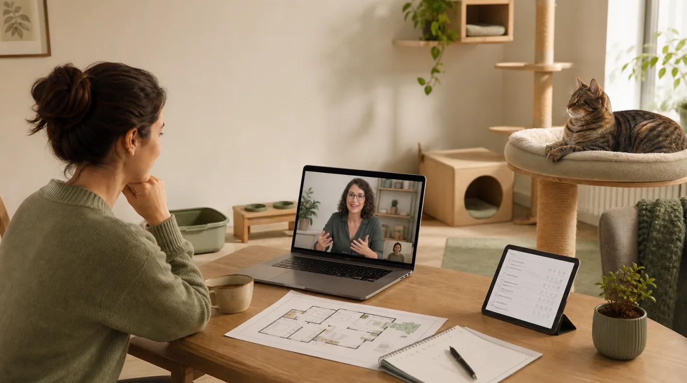 Cat owner attending a virtual feline behavior consultation while the cat rests in its normal home environment