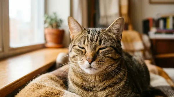 Close-up portrait of a tabby cat showing soft slow-blink and forward whiskers