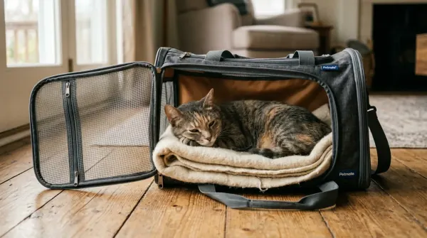 Cat resting calmly in an open carrier with soft blanket inside