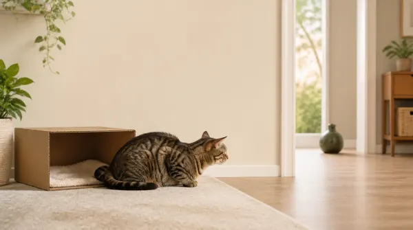 Watchful tabby crouching beside an open hiding box with an unobstructed exit