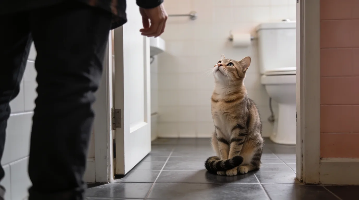 White and tabby cat sitting on a bathroom tile floor looking up beside a partly open door