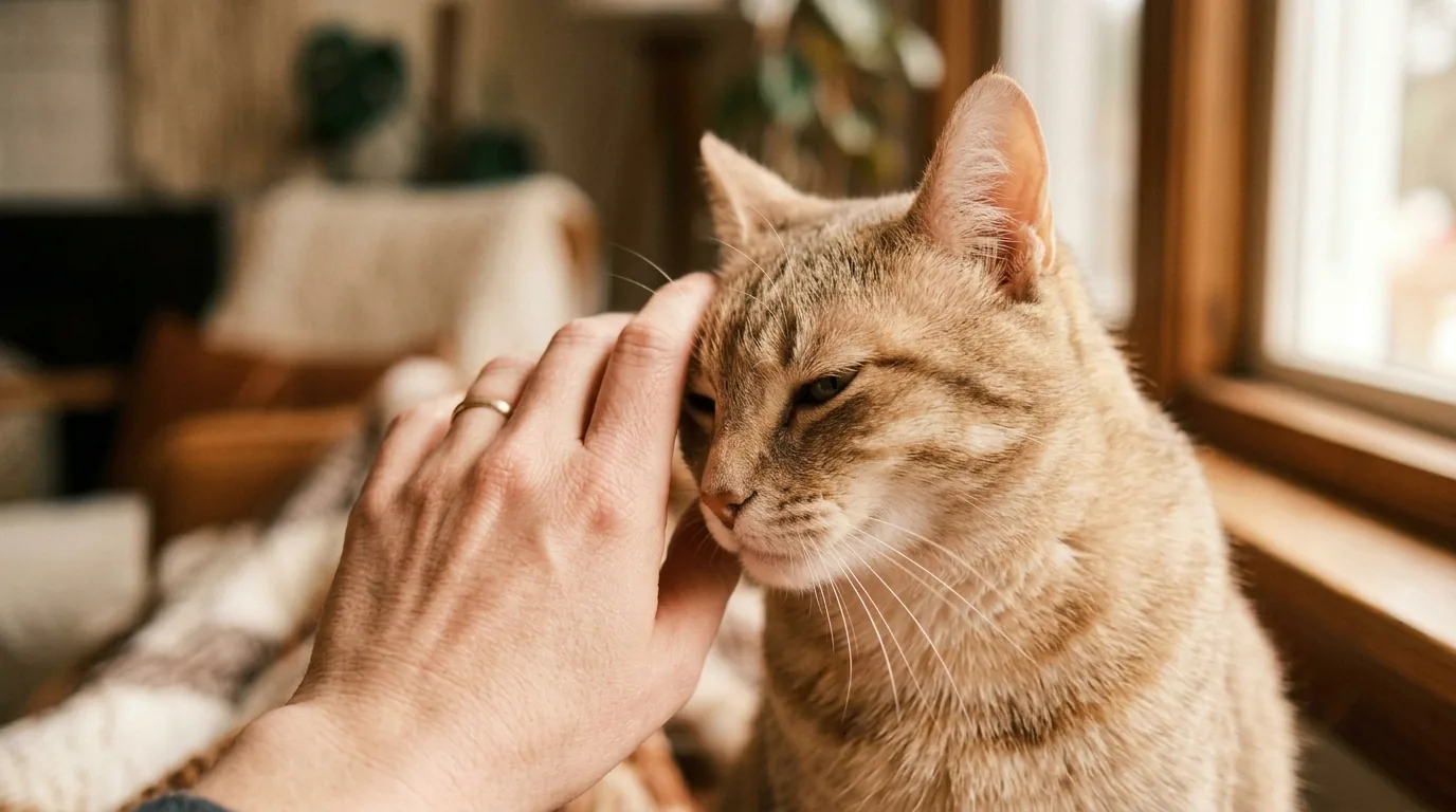 Cat pressing its forehead against a human hand in a classic bunting gesture