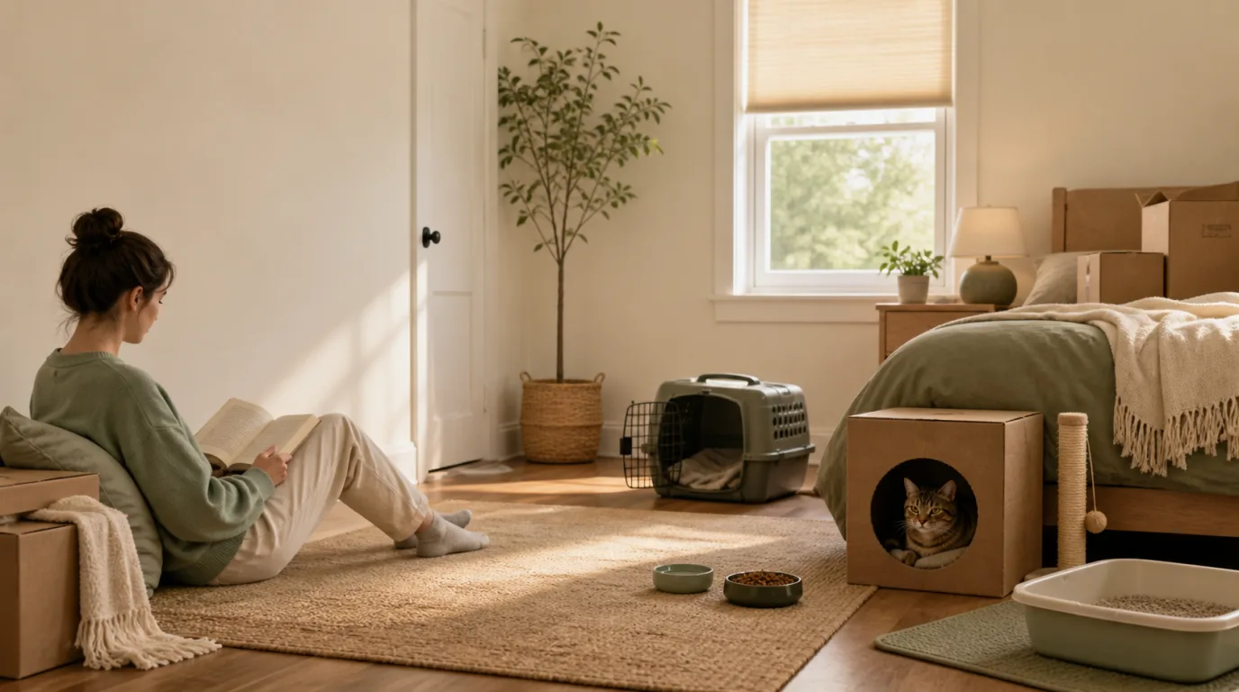 Tabby cat resting in a cardboard hide inside a quiet safe room after a house move