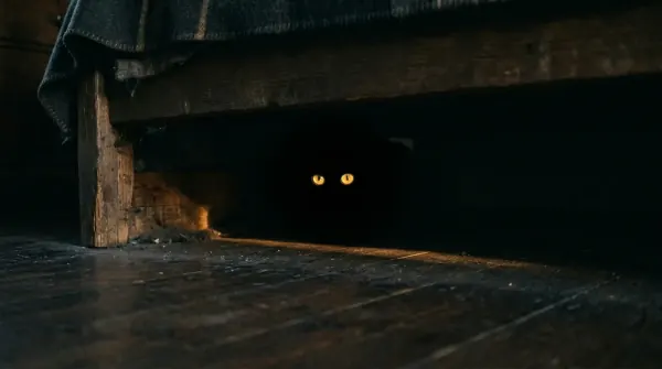 Cat eyes visible in the dark space under a bed