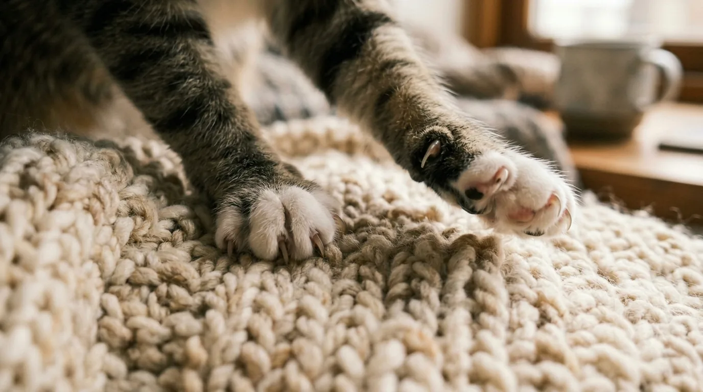 Cat with paws mid-knead on a soft blanket, eyes half-closed
