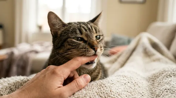 Cat gently mouthing a person's finger during interaction