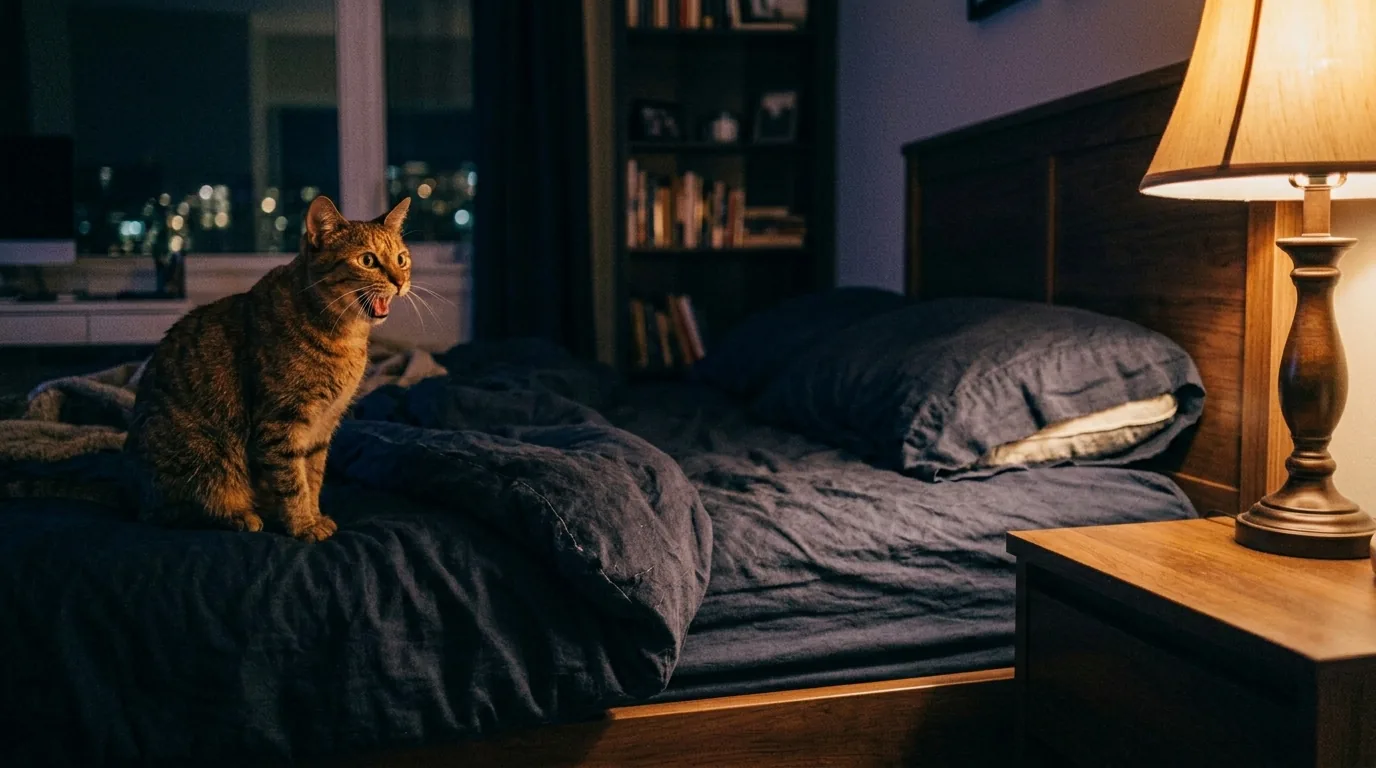 Cat sitting on a bed at night with mouth open mid-meow
