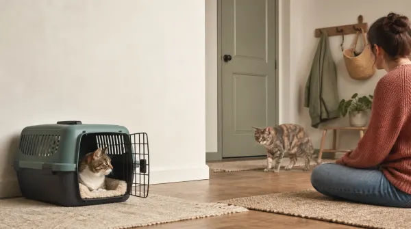 Cat resting in an open carrier while a cautious housemate watches from a safe distance after a vet visit