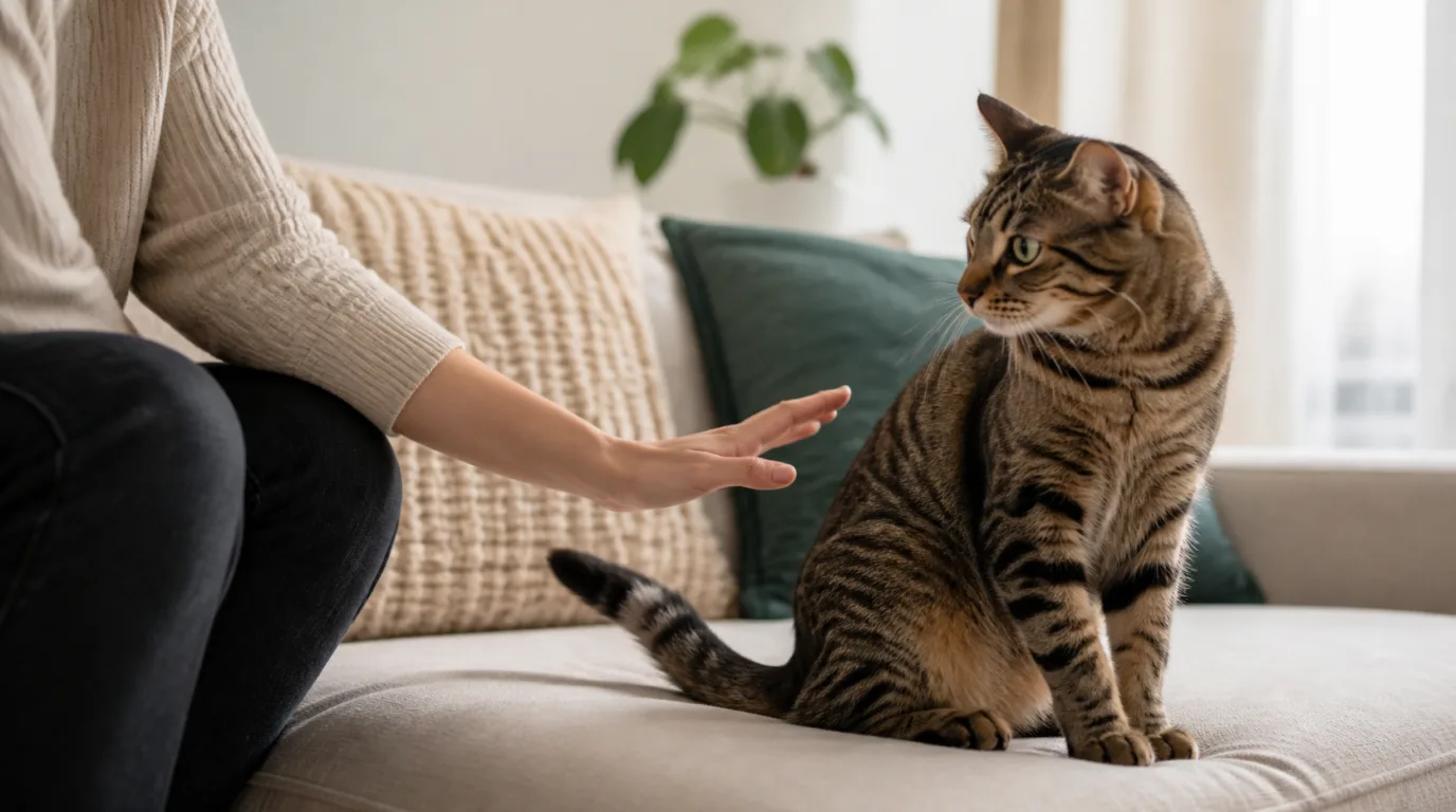 Tabby cat watching a person's paused hand during a choice-based petting interaction