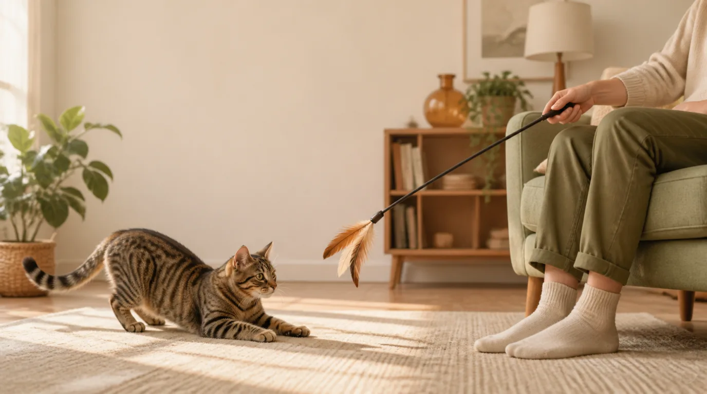 Playful tabby cat watching a feather wand held safely away from a seated person's hands and feet