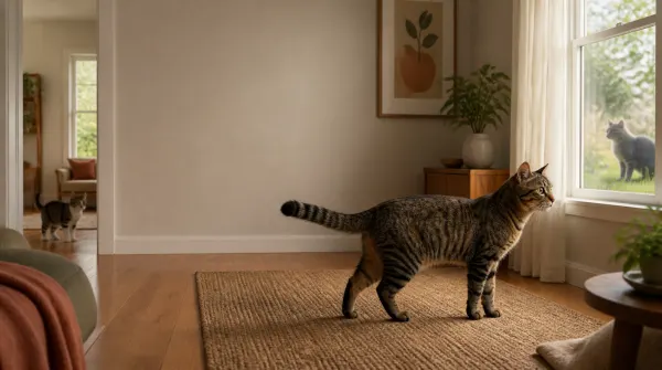 Tense indoor cat watching an outdoor cat through a window while a housemate stays at a distance