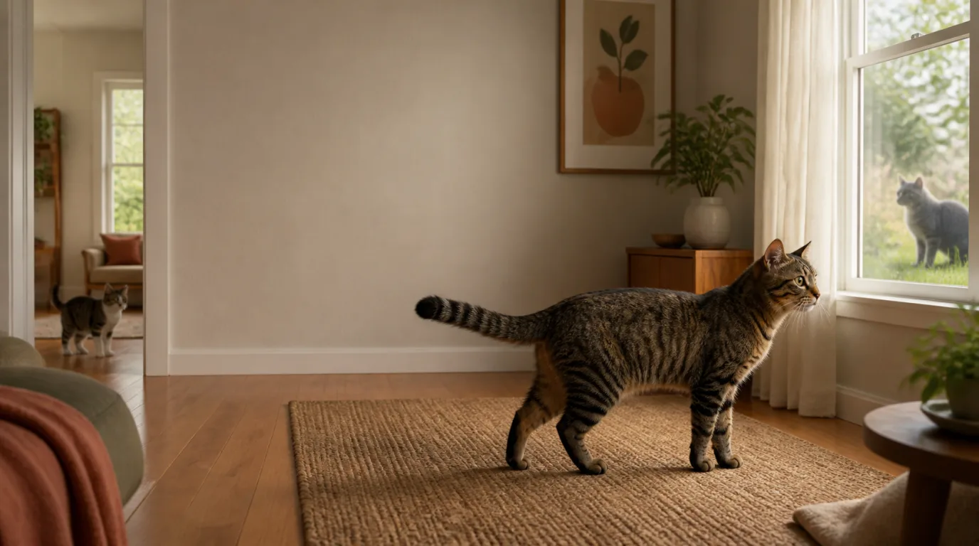Tense indoor cat watching an outdoor cat through a window while a housemate stays at a distance