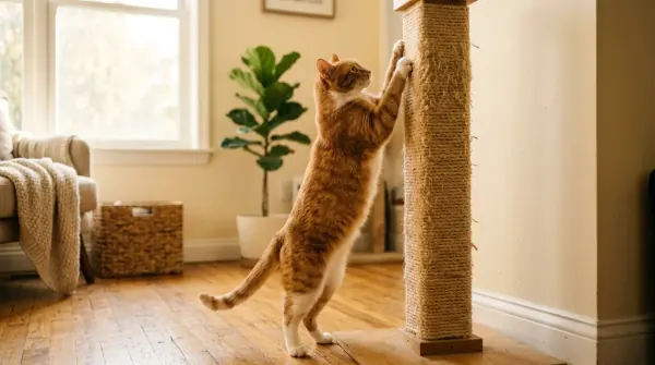 Cat using a sisal scratching post with vertical orientation