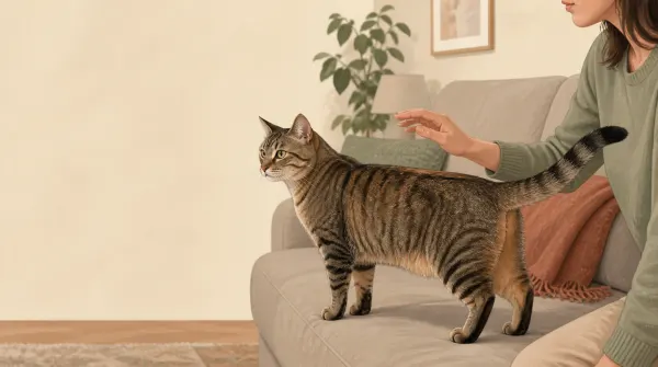 Person pausing petting after noticing a subtle skin ripple along a tabby cat's back