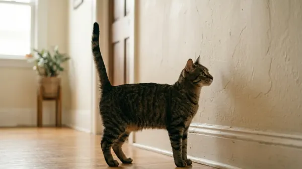 Cat standing near a wall in the posture characteristic of spraying behavior