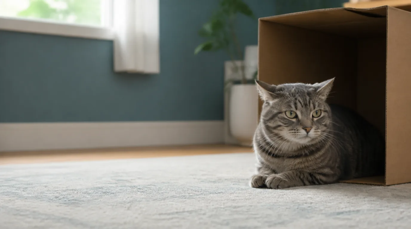 Watchful grey tabby crouched beside an open cardboard hiding box