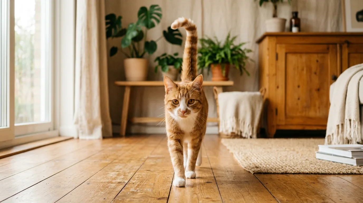 Cat with tail in upright friendly greeting position