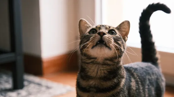 Grey tabby cat with its mouth closed and head raised, whiskers forward, looking up at a person in a doorway