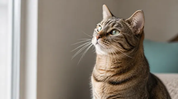 Alert tabby cat in side view with whiskers fanned forward