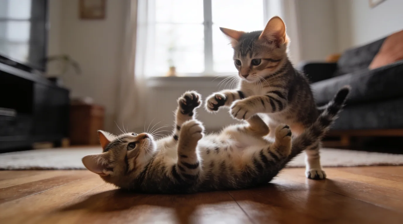 Two tabby cats grappling on a wooden floor, one on its back with hind legs raised toward the other