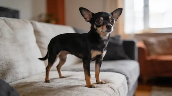 Smooth-coated Chihuahua standing on the ground with ears upright and weight balanced on all four legs