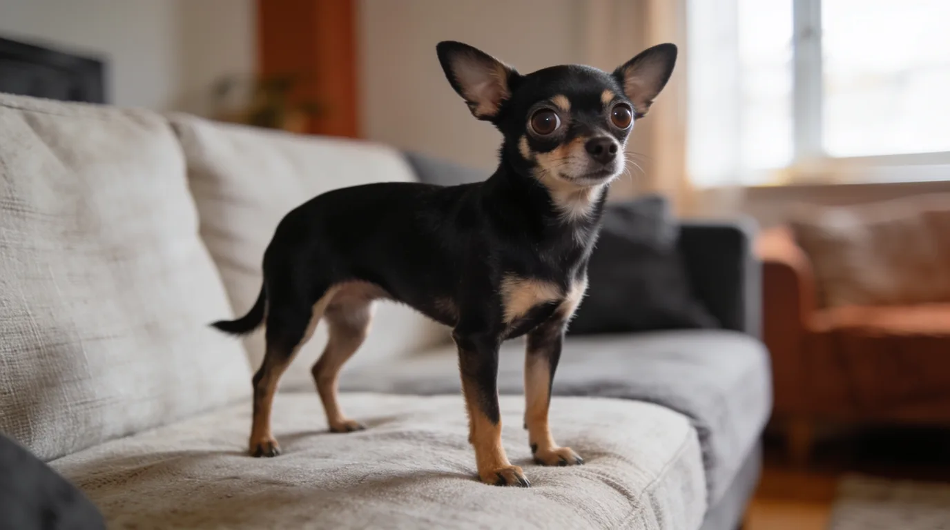 Smooth-coated Chihuahua standing on the ground with ears upright and weight balanced on all four legs