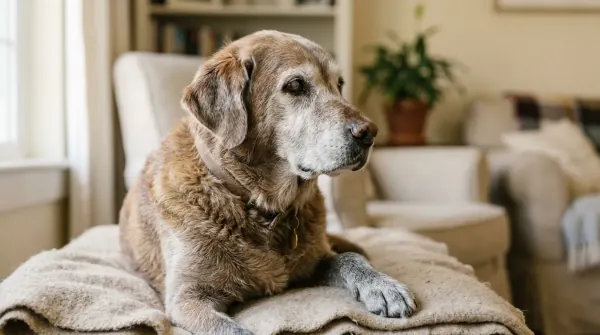 Senior dog with gray muzzle looking quietly into the distance