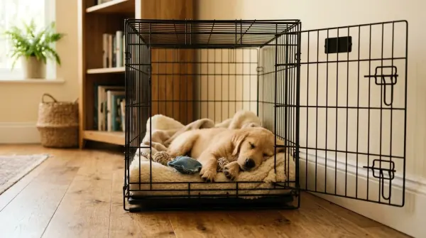 Young puppy resting comfortably in an open crate with soft bedding