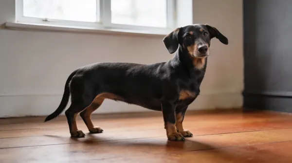 Smooth-coated standard Dachshund standing alert on grass with head raised and ears forward
