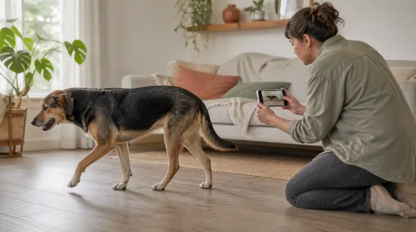 Guardian recording a mixed-breed dog walking across a room from the side