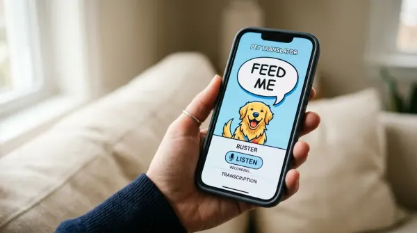 Close-up of a phone screen showing a generic pet translator app with a cartoon dog and a speech bubble
