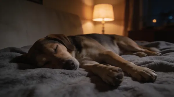 Dog asleep on its side on a blanket with paws extended and eyes closed, mid-sleep-cycle