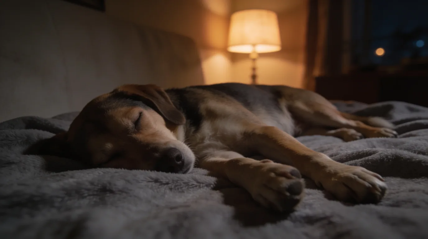 Dog asleep on its side on a blanket with paws extended and eyes closed, mid-sleep-cycle