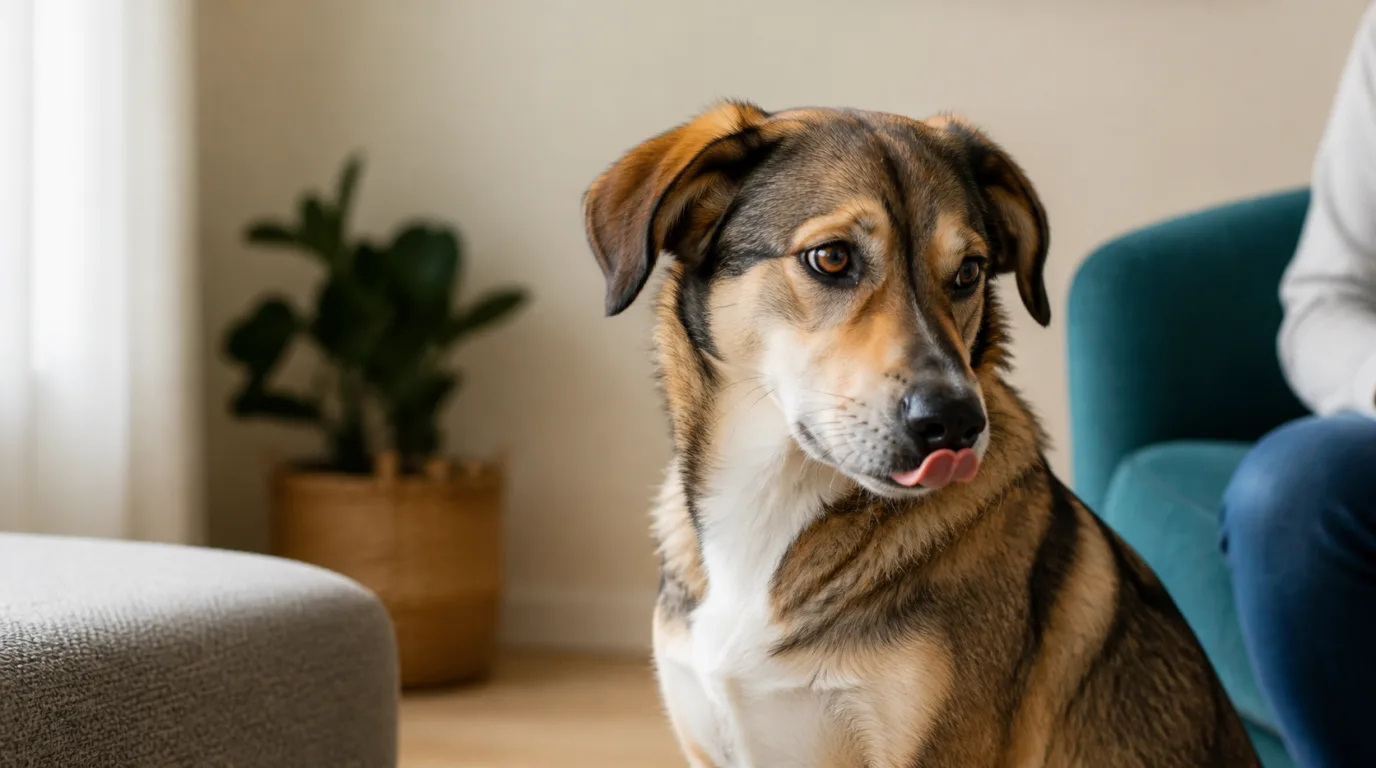 Dog turning its head and licking its nose during a quiet interaction
