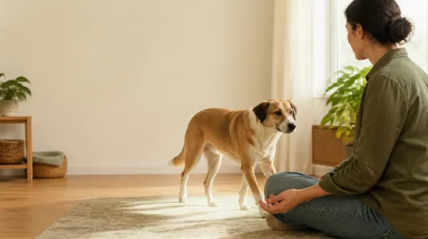 Loose dog choosing to approach a seated person whose hand remains low and still