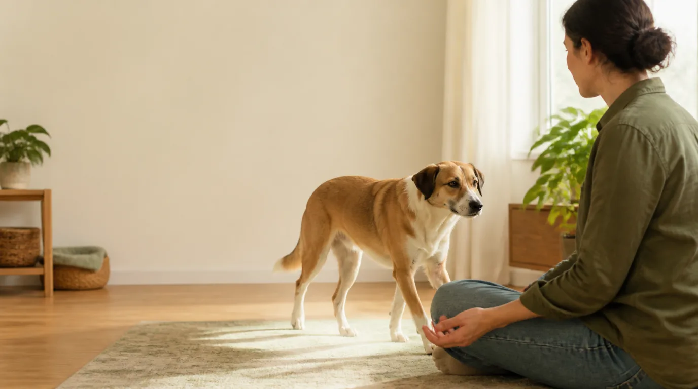 Loose dog choosing to approach a seated person whose hand remains low and still