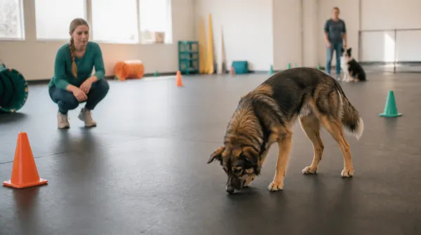 Dog sniffing the floor while a handler pauses during a training class