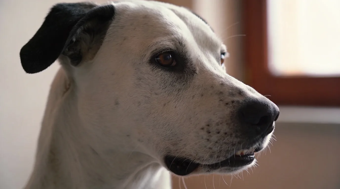 Close-up profile of a dog with ears drawn back against the skull, showing tension at the base of the ear