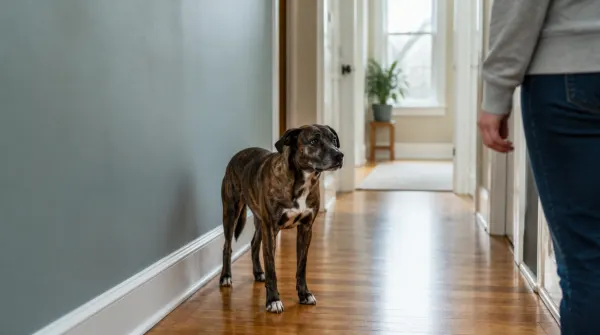 Brindle dog standing tense and still while a person pauses at a distance