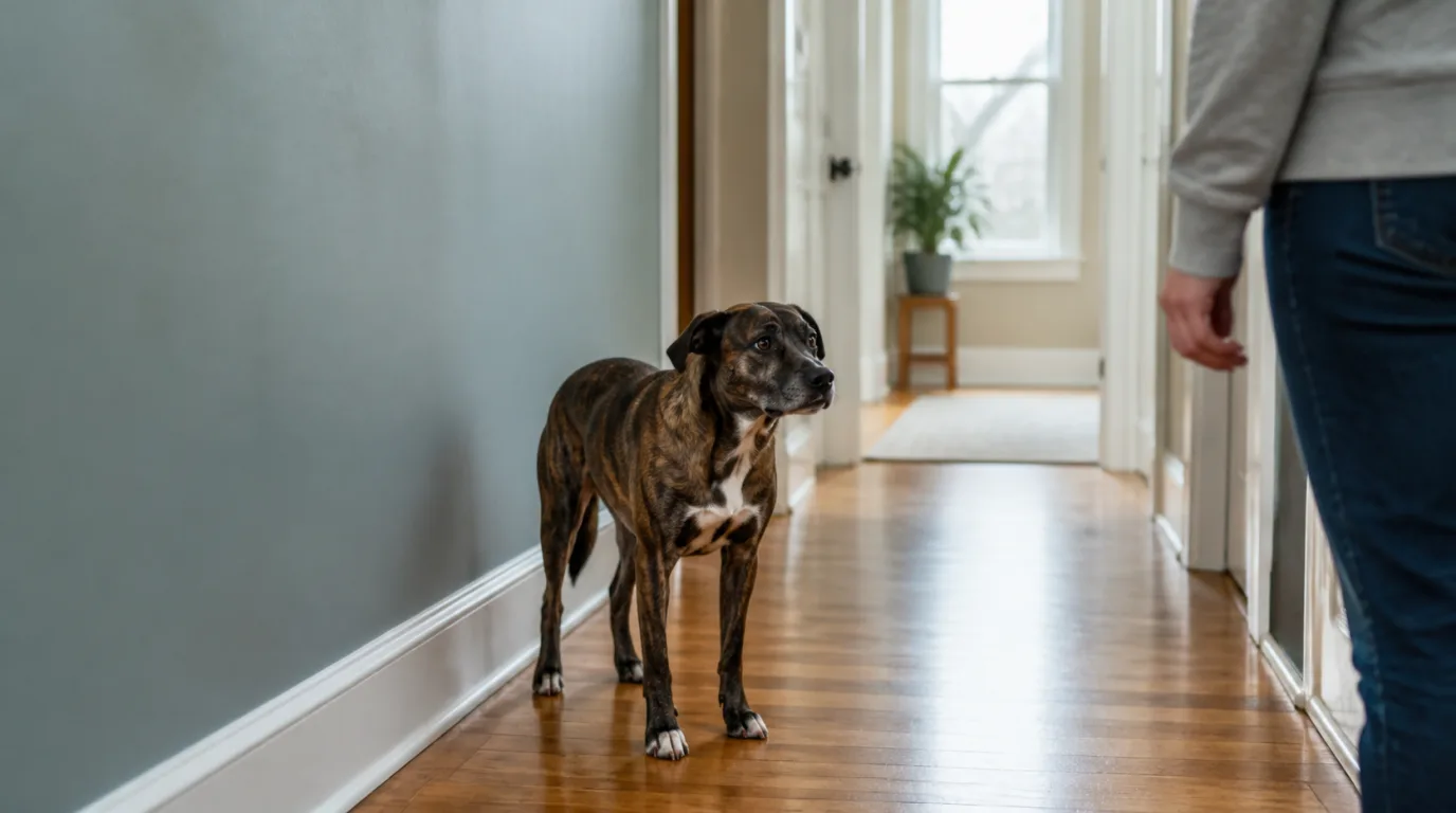 Brindle dog standing tense and still while a person pauses at a distance