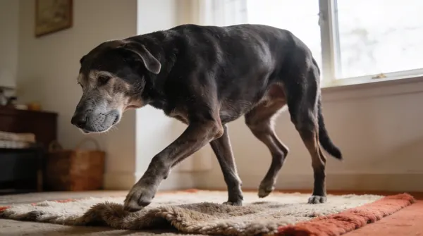Senior dog lowering itself carefully onto a bed with front legs braced