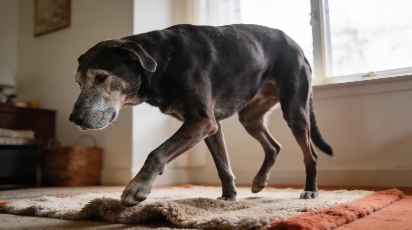 Senior dog lowering itself carefully onto a bed with front legs braced
