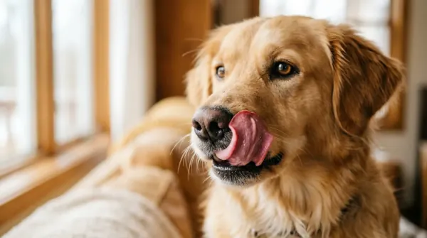 Side profile of a dog mid-lick across the lips, showing tongue extension