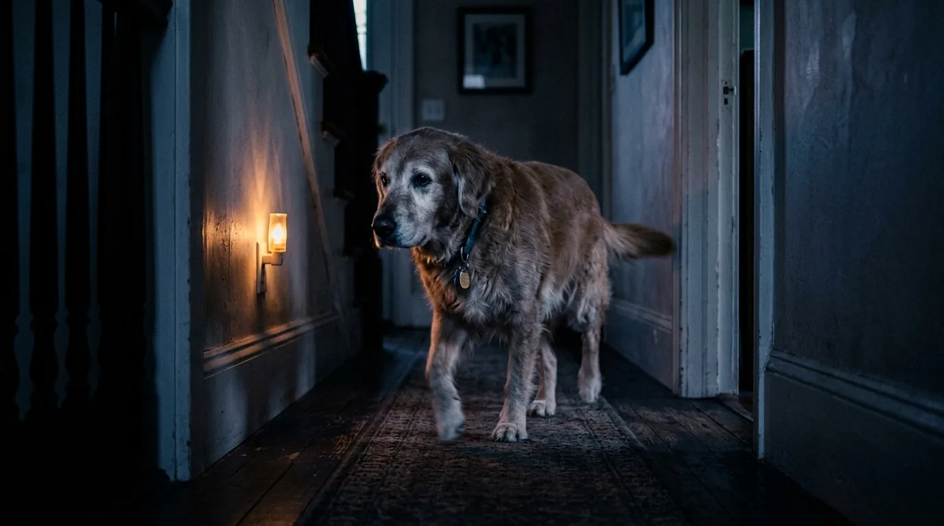 Dog walking in a dimly lit room at night